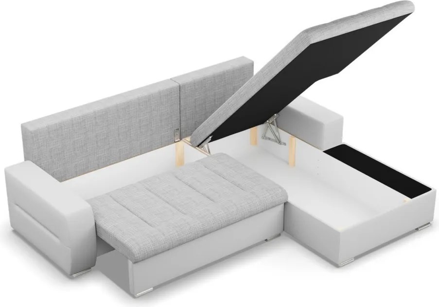 Toronto sarokkanapé, 2 ágyneműtartóval, fonott + műbőr, jobboldali, szürke - fehér