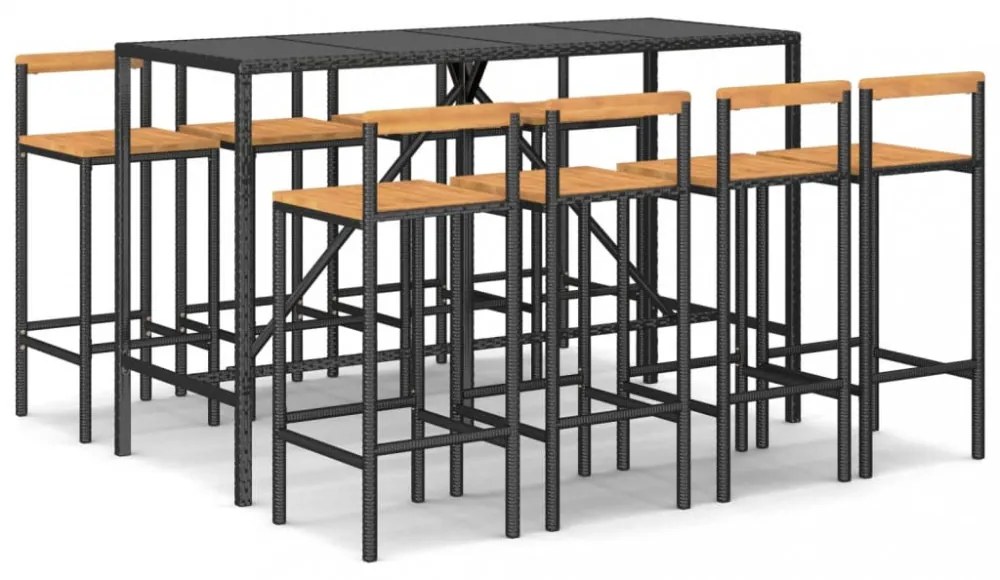 vidaXL 9 részes fekete polyrattan és tömör akácfa kerti bárszett