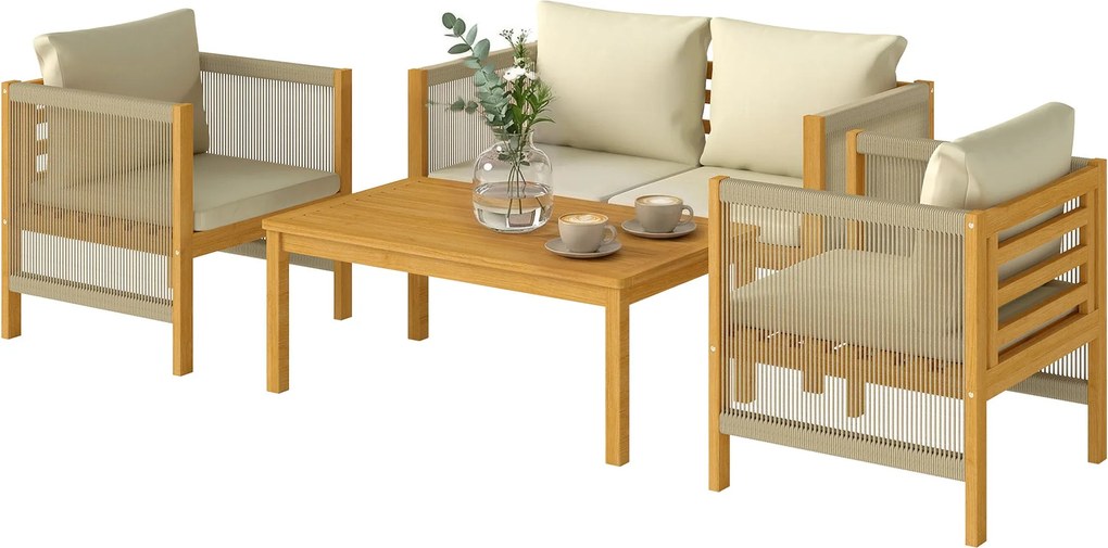 Outsunny 4 részes akácfa kerti ülőgarnitúra 4 főre — 2 személyes kanapé, 2 fotel, dohányzóasztal, mosható párnák, bézs | Aosom