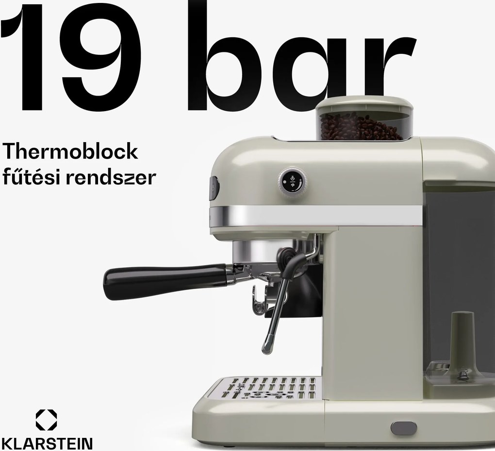 Klarstein Bella Café karos kávéfőző, Vintage, daráló, 19 bar, Tejhabosító, 2 csésze, 1550 W
