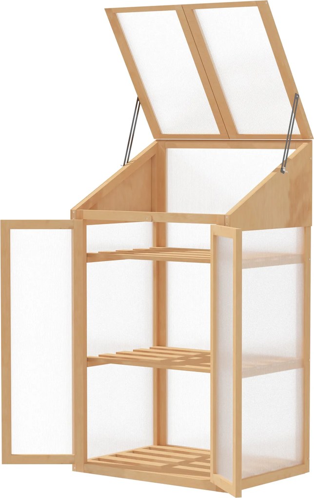 Outsunny fa hidegkeret, mini üvegház 70 x 50 x 120 cm, tetővel, ablakkal, dupla ajtóval, fényáteresztő hidegkeret 3 polccal, télálló emelt ágyás kerth