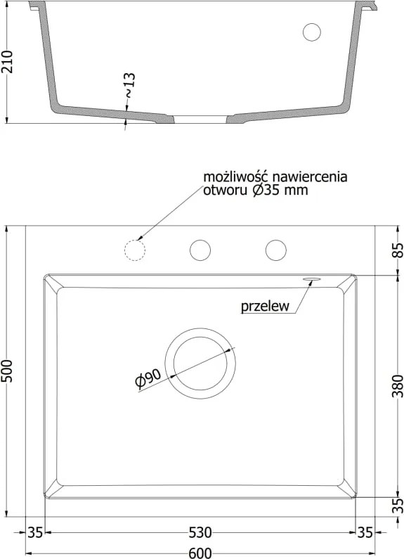Mexen Elix gránit mosogató 1-medencés 600 x 500 mm, fekete, króm szifon - 6525601005-77