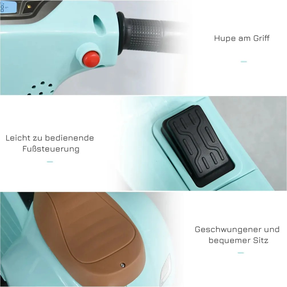 HOMCOM Elektromos gyerekmotor vespa, LED fénnyel, hanggal, 18-36 hónapos korú, türkiz