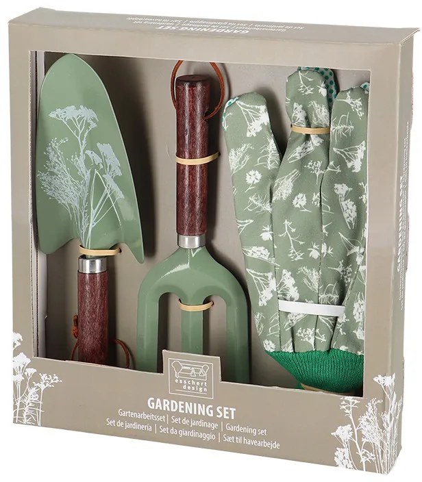 Mezei virág mintás kerti eszköz és kesztyű szett, zöld
