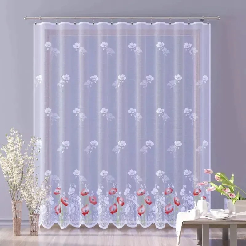 Gyönyörű jacquard függöny fehér-színes Pipacsok szalagon 200x245cm