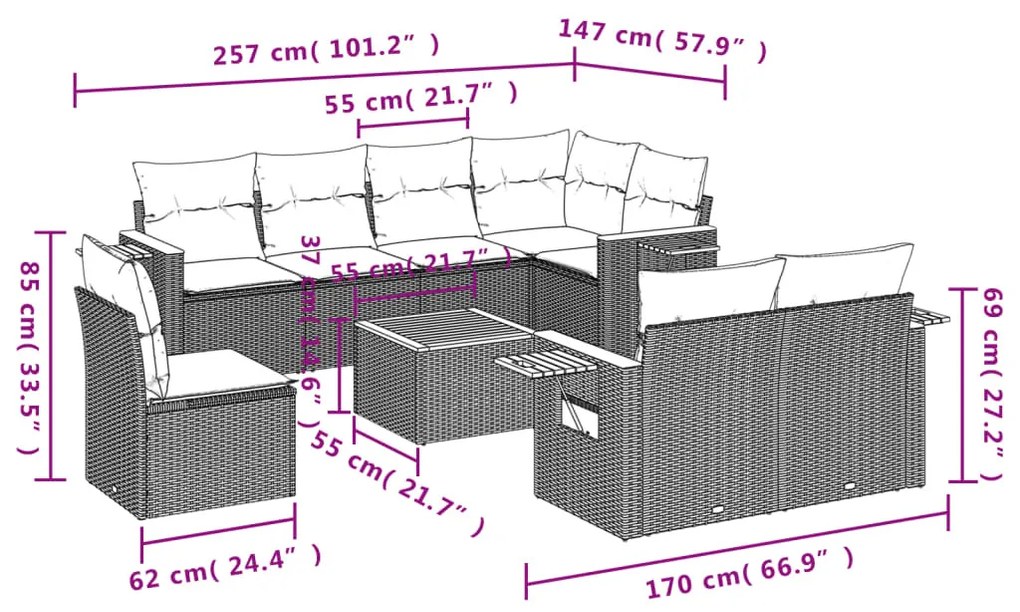 9 részes fekete polyrattan kerti ülőgarnitúra párnákkal