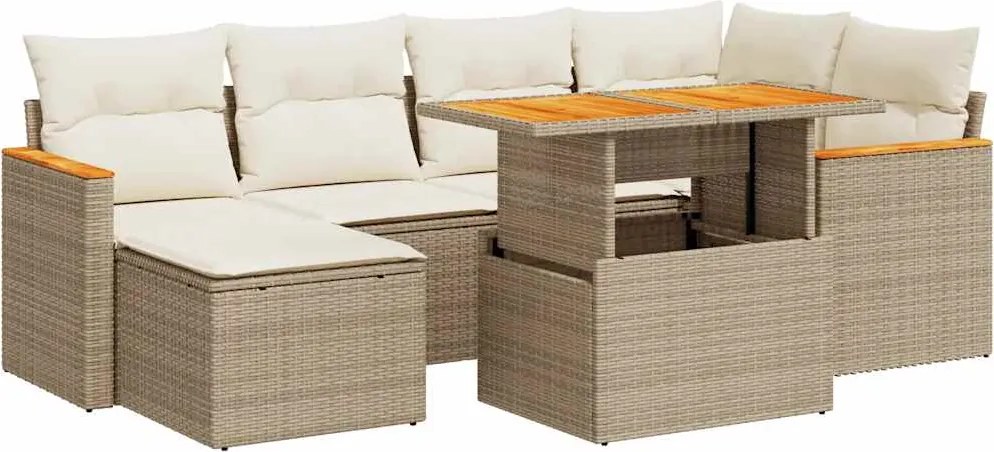 vidaXL 7 részes bézs polyrattan akácfa kerti ülőgarnitúra párnákkal