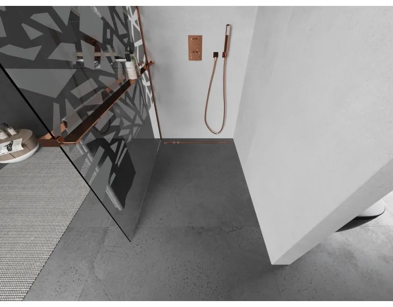 Mexen Kioto +, zuhanyparaván polccal és törölközőtartóval 110 x 200 cm, 8mm átlátszó üvegmintás fehér, rózsa arany profil, 800-110-121-60-85