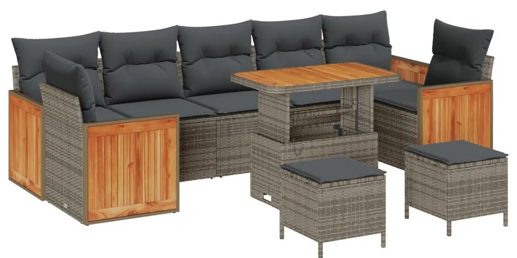 10 Darabos Kerti Sofa Készlet Párnákkal Szürke Poli Rattanból Akácos, 2-Fős Kerti Sofa Párnákkal Szürke Poli Rattanból, 3 Darabos Kerti Étkező Készlet Párnákkal Szürke Poli Rattanból Akácos