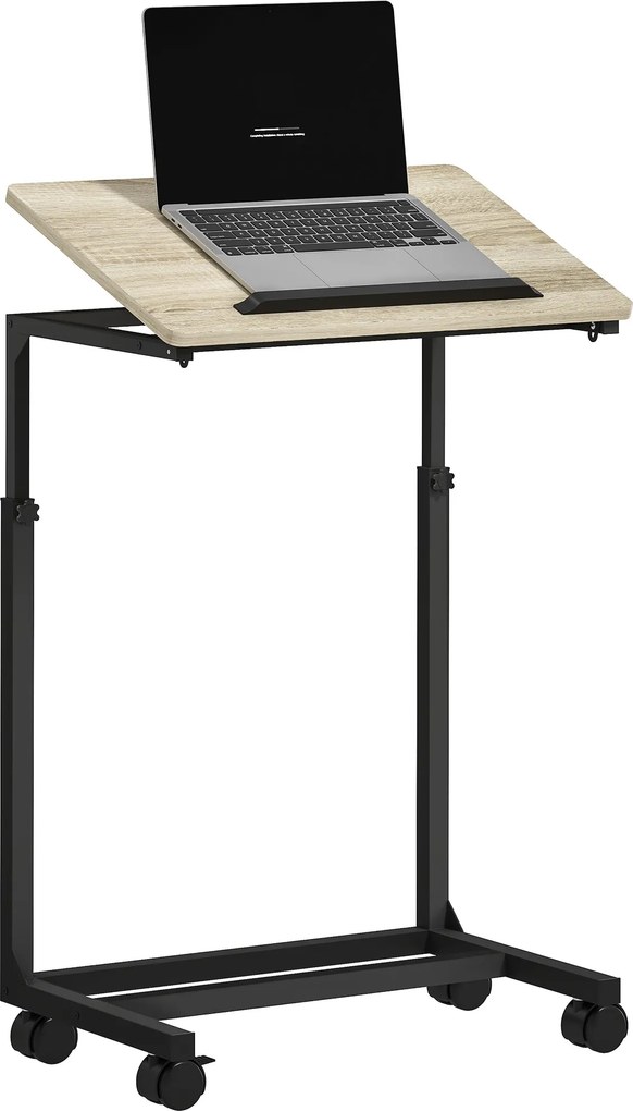 HOMCOM C-alakú Mellasztal, Magasságban Állítható Kávétábla Kerekekkel, Kanapé Melletti Laptop Íróasztal Kicsi Terekhez, Nappali, 55 x 36 x 62.5-82.5 c