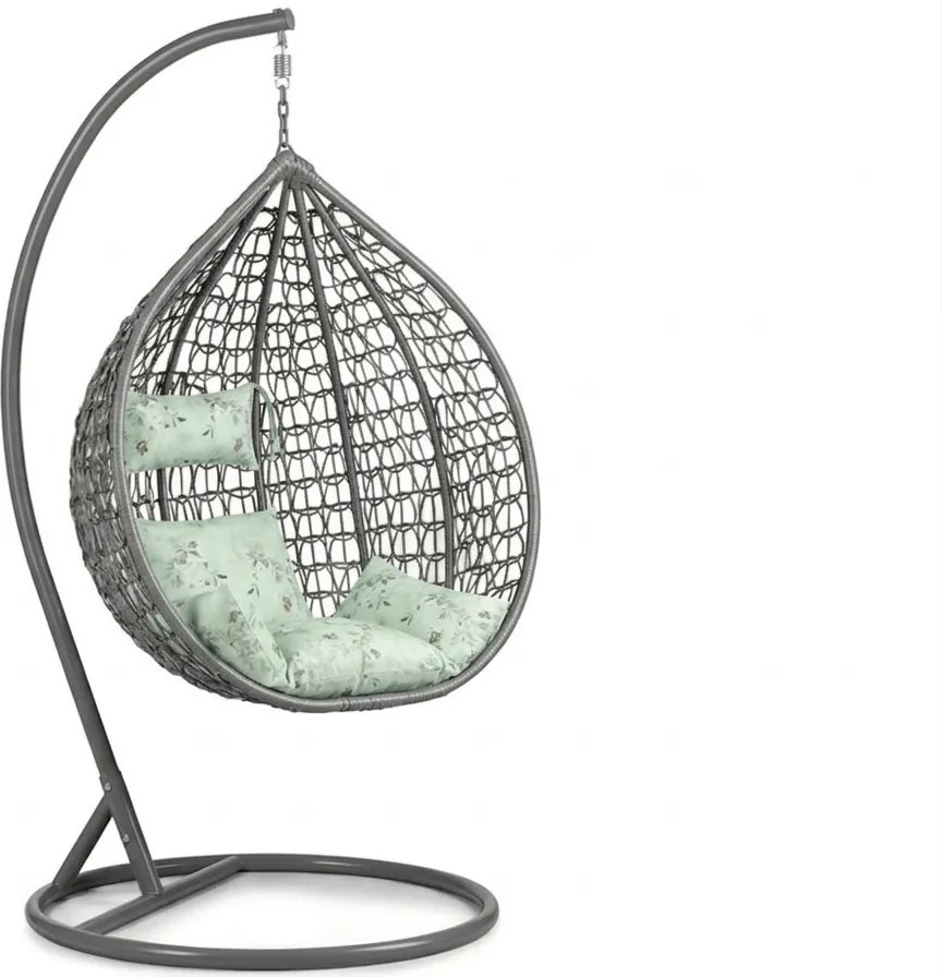 Szürke függőszék KOKON állvánnyal, világoszöld mintás párnával