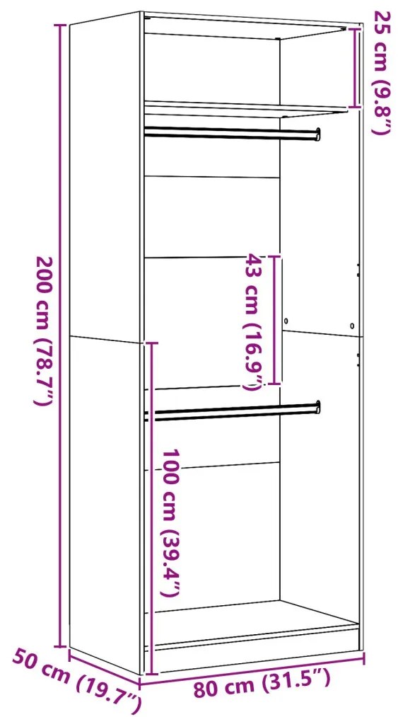 Fekete Tölgy Ruhásszekrény - 80 x 50 x 200 cm, Műanyagból Készült