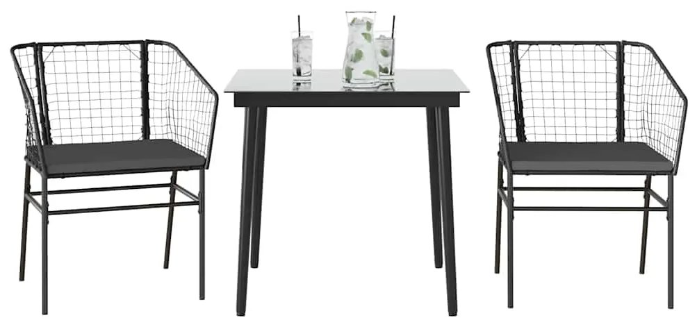 vidaXL 3 részes fekete polyrattan üveg kerti étkezőgarnitúra párnákkal