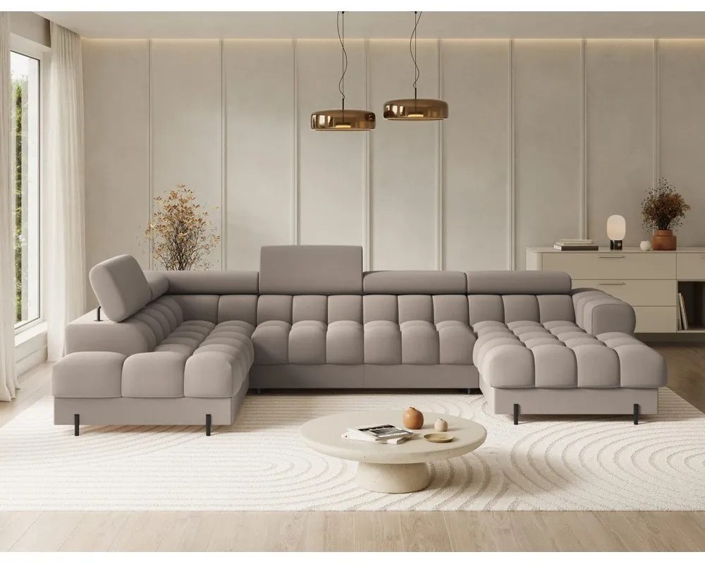 Világosbarna bársony kinyitható sarokkanapé (bal oldali-U alakú) Feraria – ELTAP