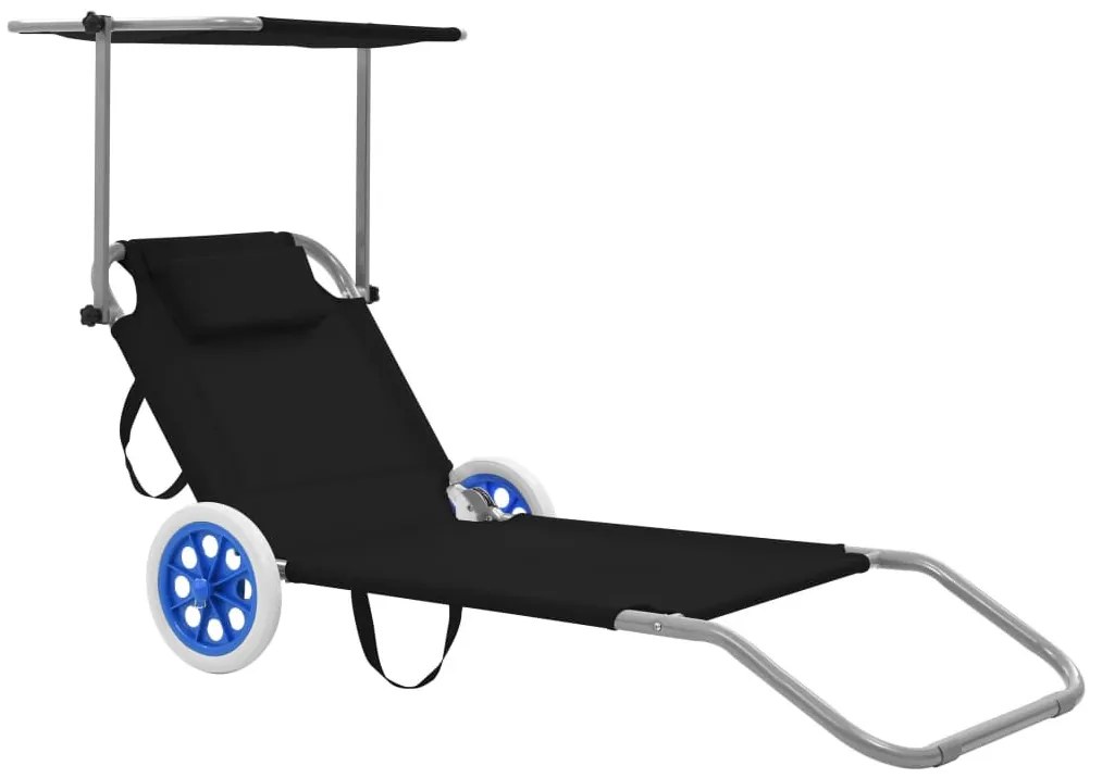 Fekete acél összecsukható napozóágy napellenzővel és kerékkel