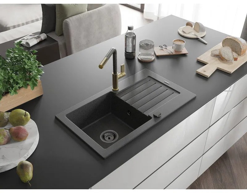 Mexen Pablo, 1 rekeszes gránit mosogató 752x436x161 mm és Flora mosogató csaptelep, fekete foltos, 6510-76-670401-75-B