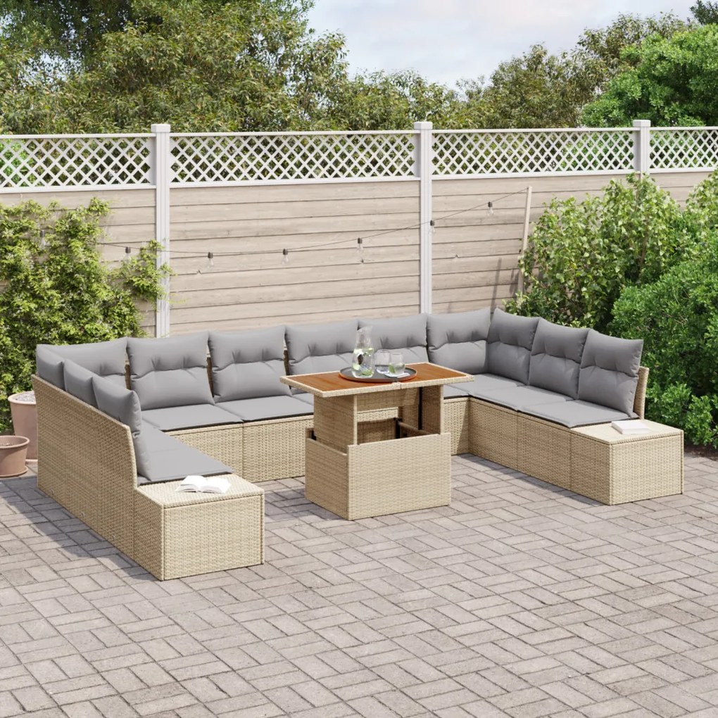 11 darabos Kert Sofa Szett Párnákkal Bézs Poly Rattan
