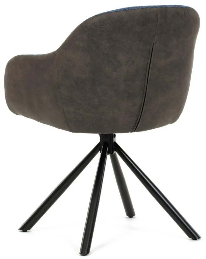 Scaun de sufragerie pivotant, țesătură albastră și țesătură gri închis, cu decor vintage din piele, metal negru, rotativ P90°+ L90° cu mecanism de retragere