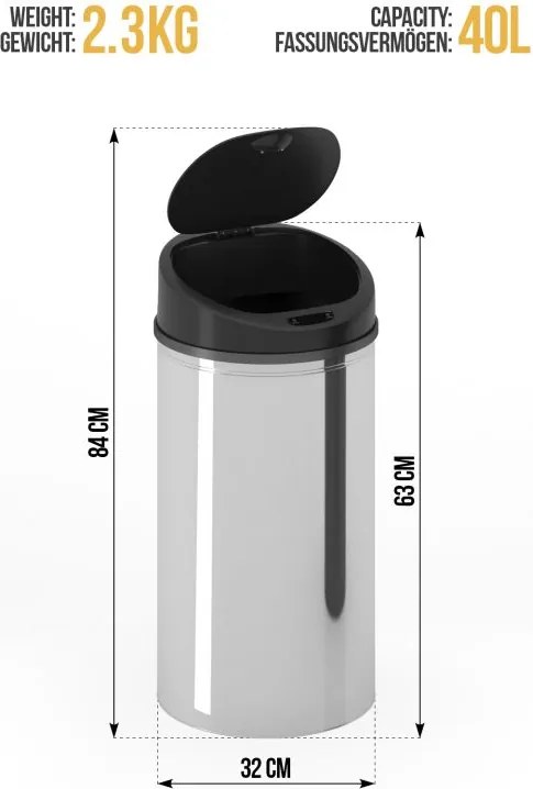 Szenzoros hulladékgyűjtő 40 L ezüst