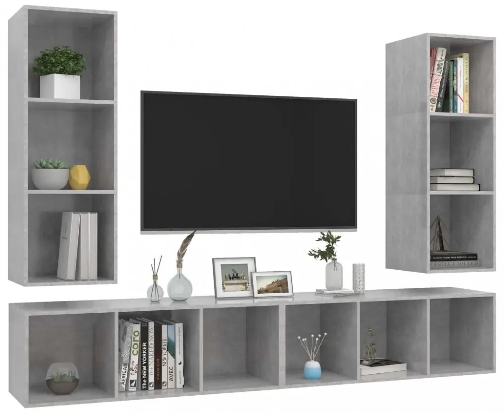 4 db betonszürke szerelt fa falra szerelhető TV-szekrény