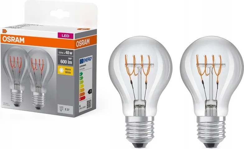 2x Led izzó A60 E27 5,9W 48W 600lm 2700K Meleg fehér Filament Osram