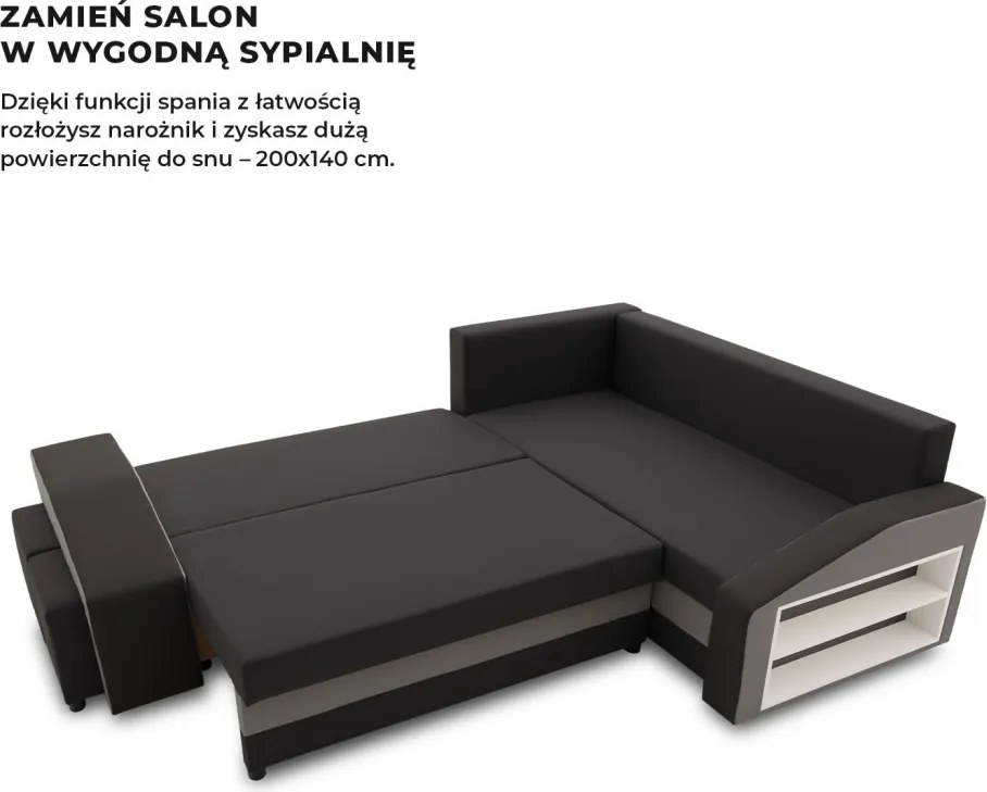 Grande sarokkanapé polcokkal és puffokkal , polc a jobb karfaban puffok a bal karfaban, jobboldali, szövet anyag, hab töltet, fekete - szürke