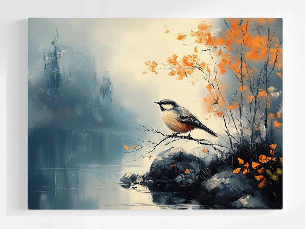 Vászonkép Canvas Természet Tájkép Madár Cinege Víz Ősz 100x75