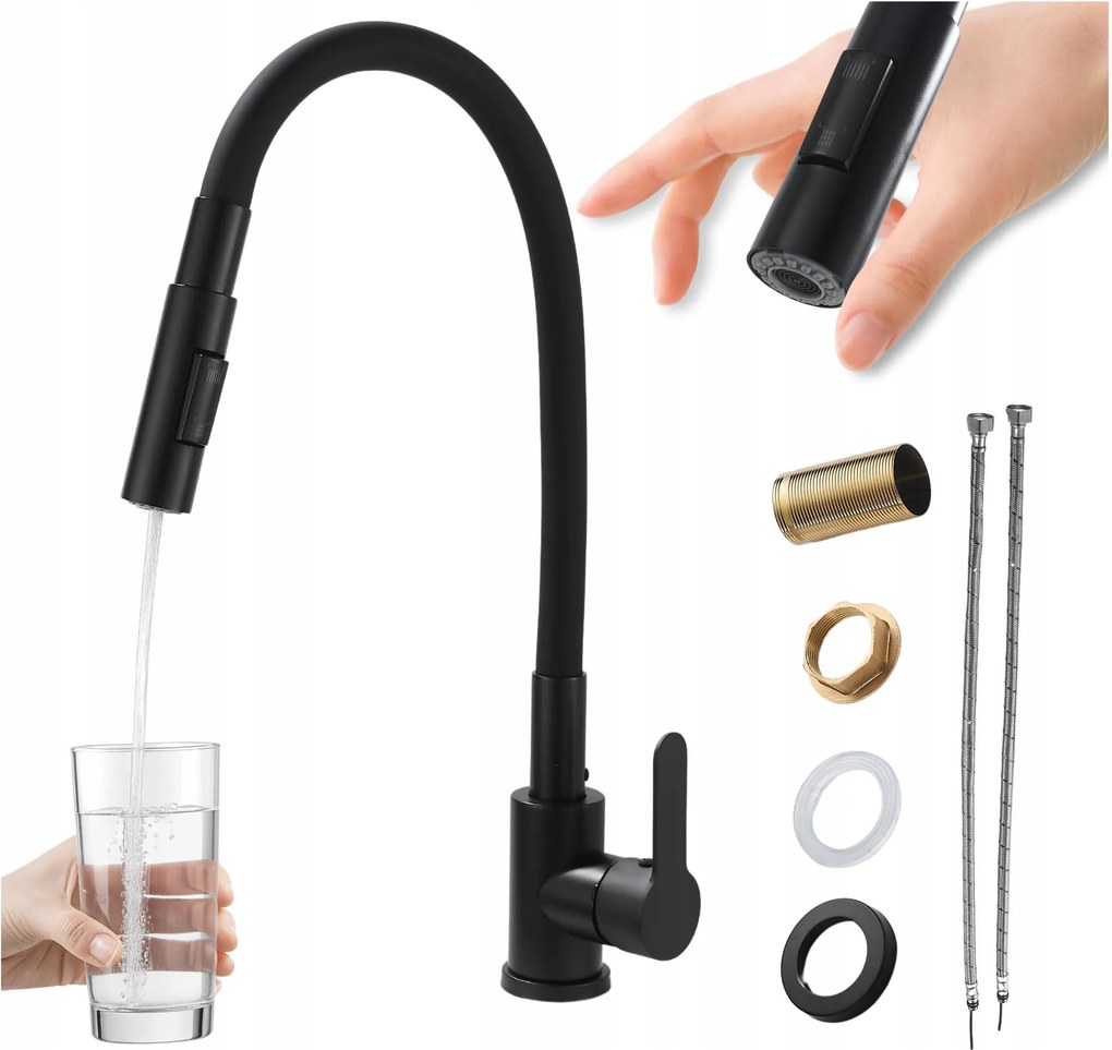 Fekete konyhai csaptelep Rugalmas kifolyóval, Fekete hajlékony kifolyós csaptelep Reno