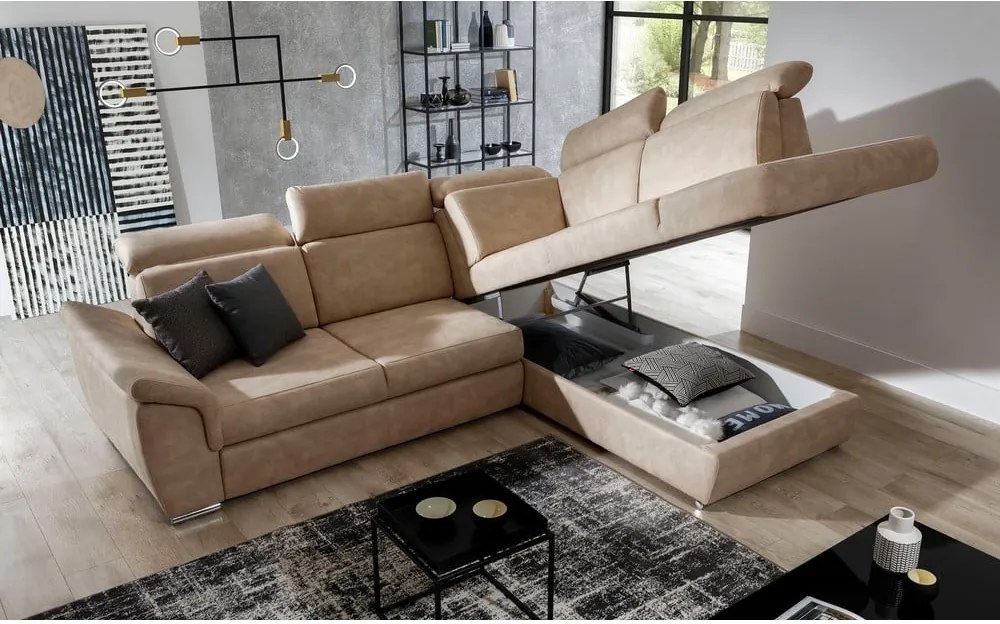 Bézs bársony kinyitható-tárolóhelyes sarokkanapé (jobb oldali-L alakú) Loreto – ELTAP