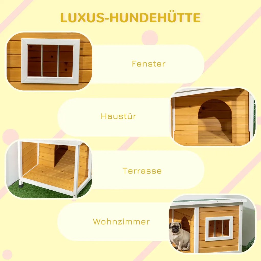 PawHut kutyaház verandával, nyíló tetővel, ablakkal, állítható lábakkal, természetes fa, narancs, fehér