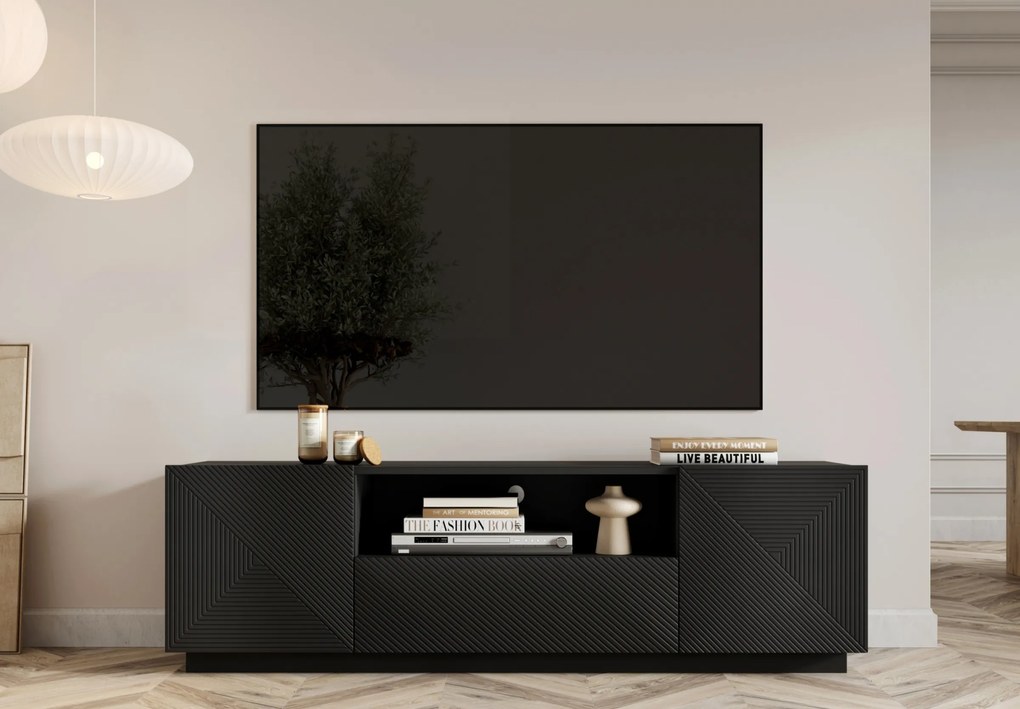 Asha TV-szekrény 167 cm fiókkal és nyitott résszel - fekete matt