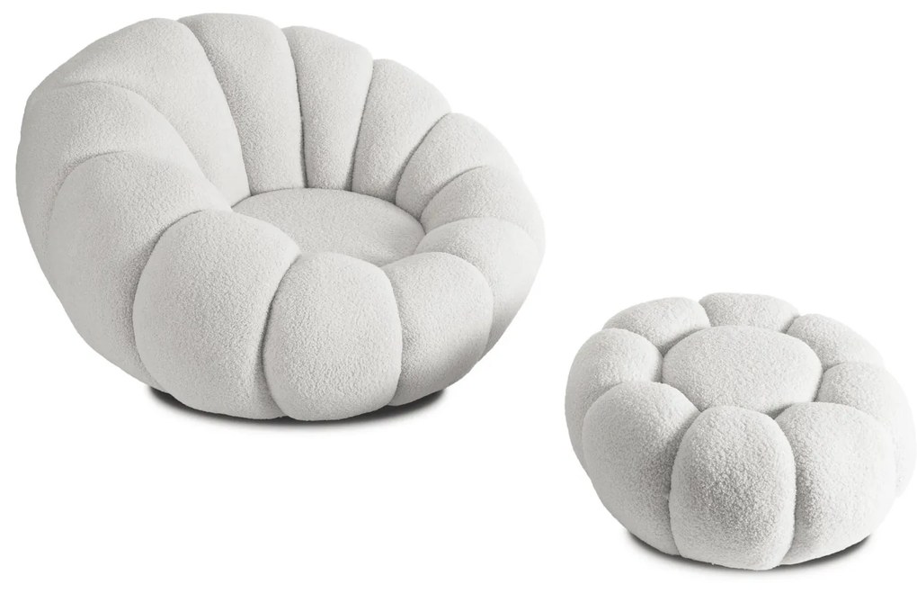 Designer Fotel Lábtartóval Krém Bouclé Szövettel. PETTIT