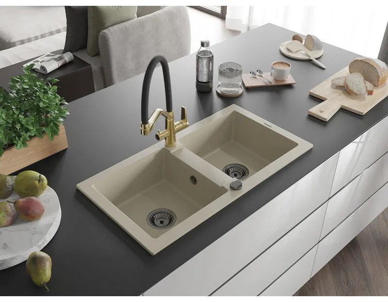 Mexen Mario, gránit mosogató 820x436x161 mm, 2 kamrás és Duo mosogató csaptelep, bézs, 6504-69-671701-57-B