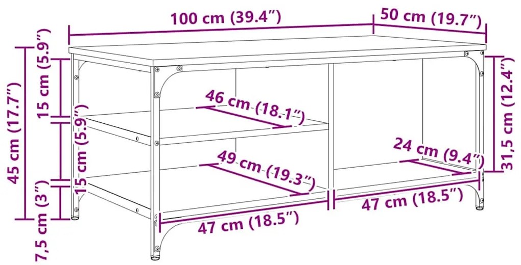 vidaXL Dohányzóasztal Fekete tölgy 100 x 50 x 45 cm Faanyag
