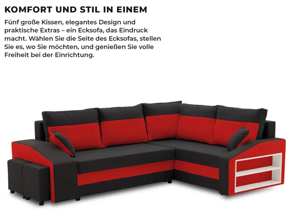 Grande sarokkanapé polcokkal és puffokkal , polc a jobb karfaban puffok a bal karfaban, jobboldali, szövet anyag, bonell töltet, fekete - piros