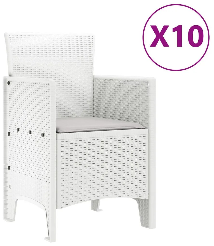 11 Darabos Kerti Étkező Szett Párnákkal Fehér Polirattan, Kerti Asztal Fehér 150x100x73 cm Polirattan, Kerti Székek Párnákkal 2 db Fehér Polirattan, Kerti Székek Párnákkal 4 db Fehér Polirattan