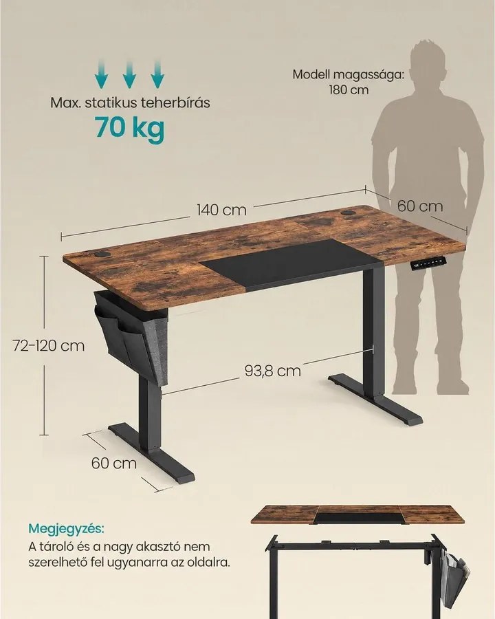 SONGMICS elektromos magasságállítható íróasztal, 140 × 60 cm, vintage barna-fekete