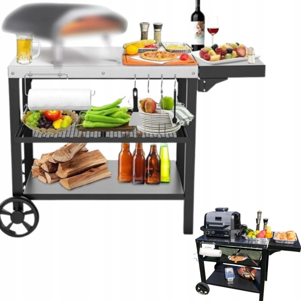 Grillkocsi Kültéri Rozsdamentes acél 3 szintes Kerekekkel Nagy Erős