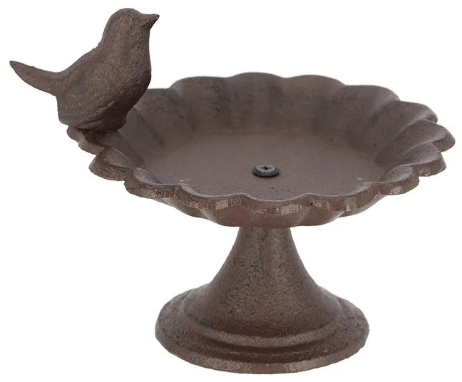 Öntöttvas madáretető és -itató, egy kismadárral