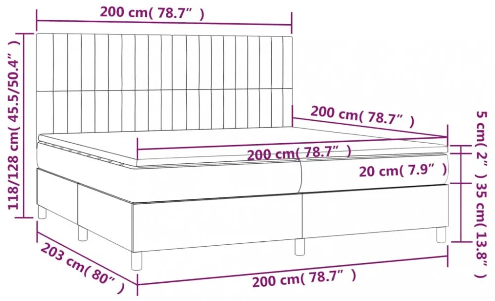 fekete szövet rugós és LED-es ágy matraccal 200x200 cm
