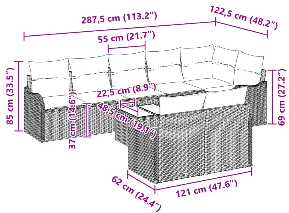 9 Darabos Kerti Sofa Szett Párnákkal Bézs Poli Rattan, 2-Fős Kerti Sofa Párnákkal Fekete Poli Rattan