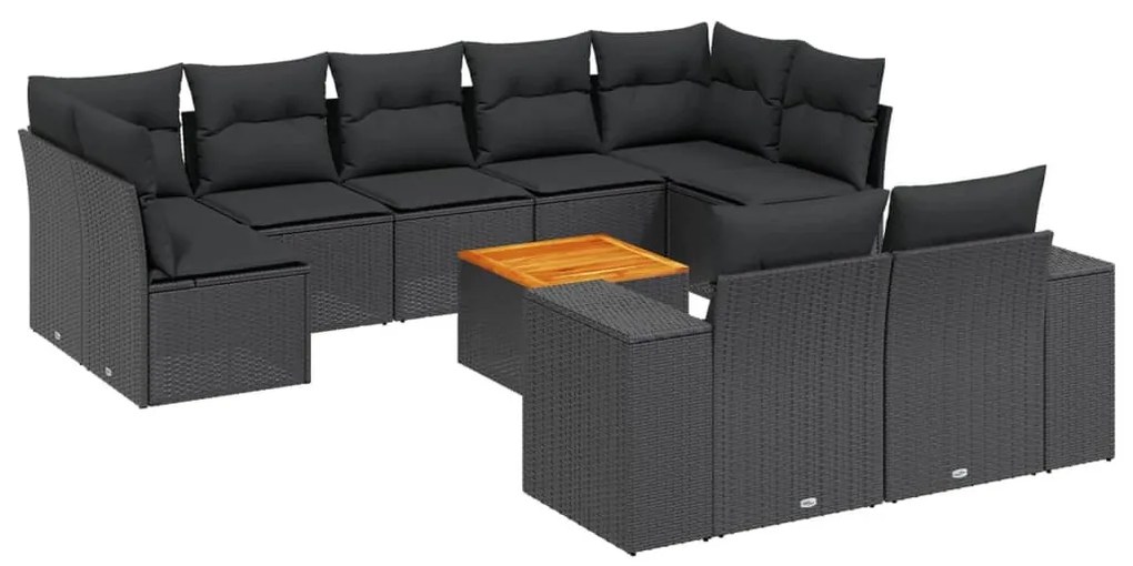 10 részes fekete polyrattan kerti ülőgarnitúra párnákkal