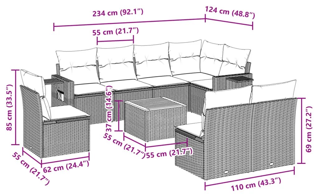 9 részes fekete polyrattan kerti ülőgarnitúra párnákkal