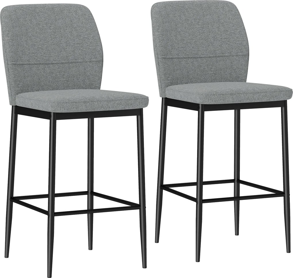 HOMCOM 2 db Bárszék Készlet Magas Konyhai Székek Háttámlával és Lábpihentővel, Velúrral Kárpitozva, Acél Váz, Modern Magas Székek Étkezőpulthoz Szürke