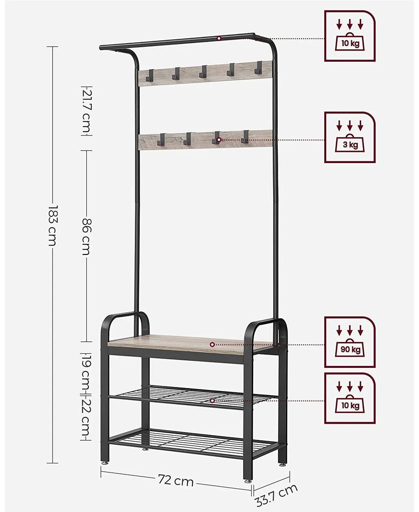 Kabáttartó állvány, kabátállvány cipőtárolóval, 183cm magas, szürke-fekete