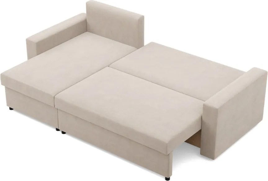 Zeus sarokkanapé, 2 ágyneműtartóval, egyenes kartámasz, bársony, univerzális oldal, bonell töltet, bézs