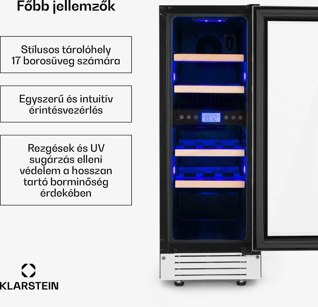 Klarstein Vinovilla 17, kétzónás borhűtő, 53 liter, 17 palack, 3 színű LED világítás, fehér