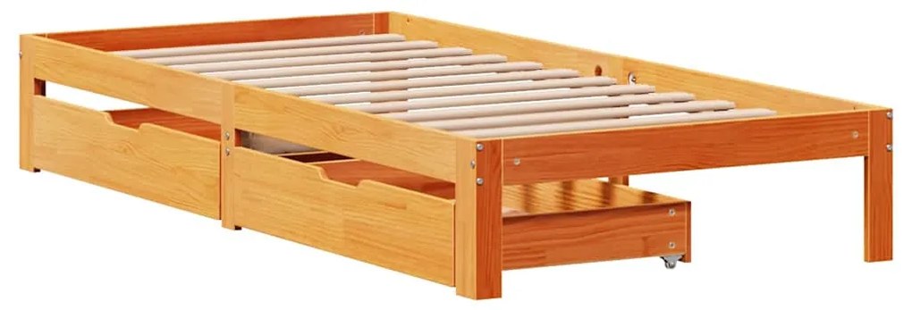 viaszbarna tömör fenyőfa ágykeret fiókokkal 75 x 190 cm