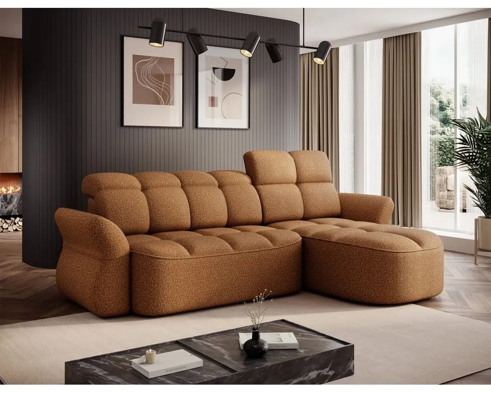 Sárga-barna bársony kinyitható-tárolóhelyes sarokkanapé (jobb oldali-heverő résszel) Beneth – ELTAP