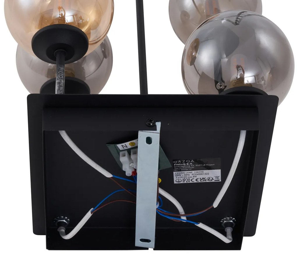 Modern mennyezeti lámpa fekete, borostyán és füstüveg kombinációjával, 5 fényforrással - Athén